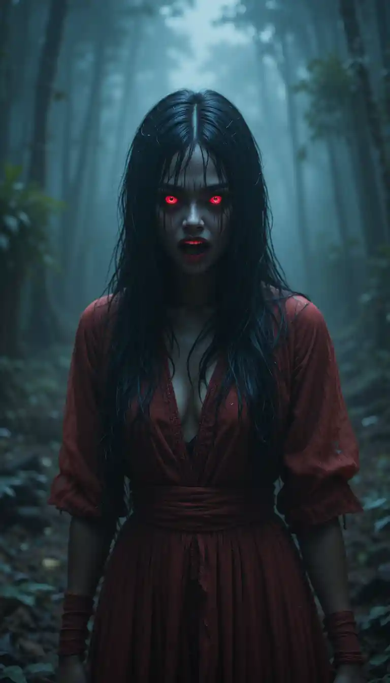 Ghostly woman in red dress haunting a dark bamboo forest