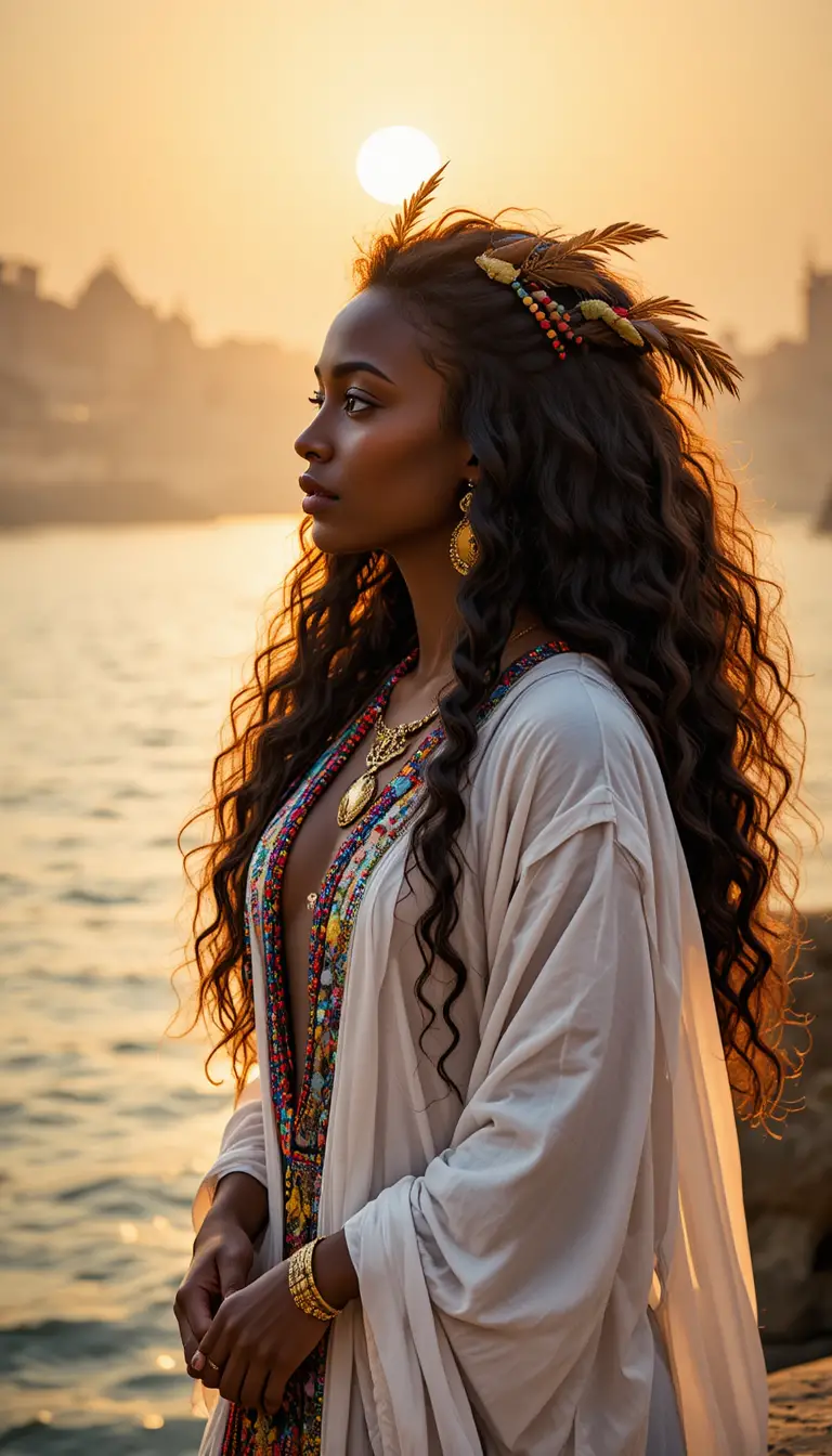 Young African woman by the Nile in golden sunlight
