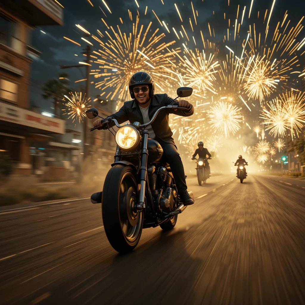 Biker racing through city streets in a cinematic chase