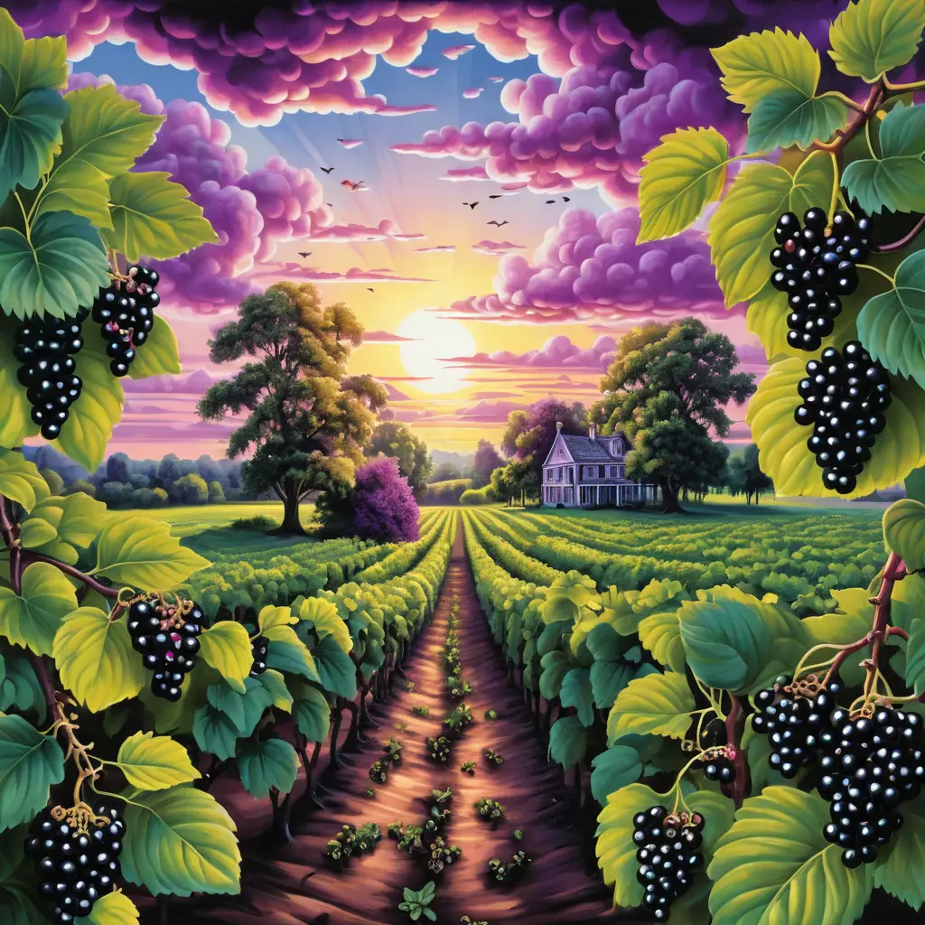 Surreal Sunrise Over Blackcurrant Plantation In Glossy Purple Tones