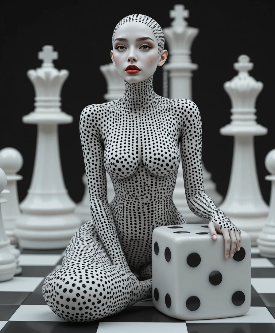 Surreal dice skinned woman seated beside a large die