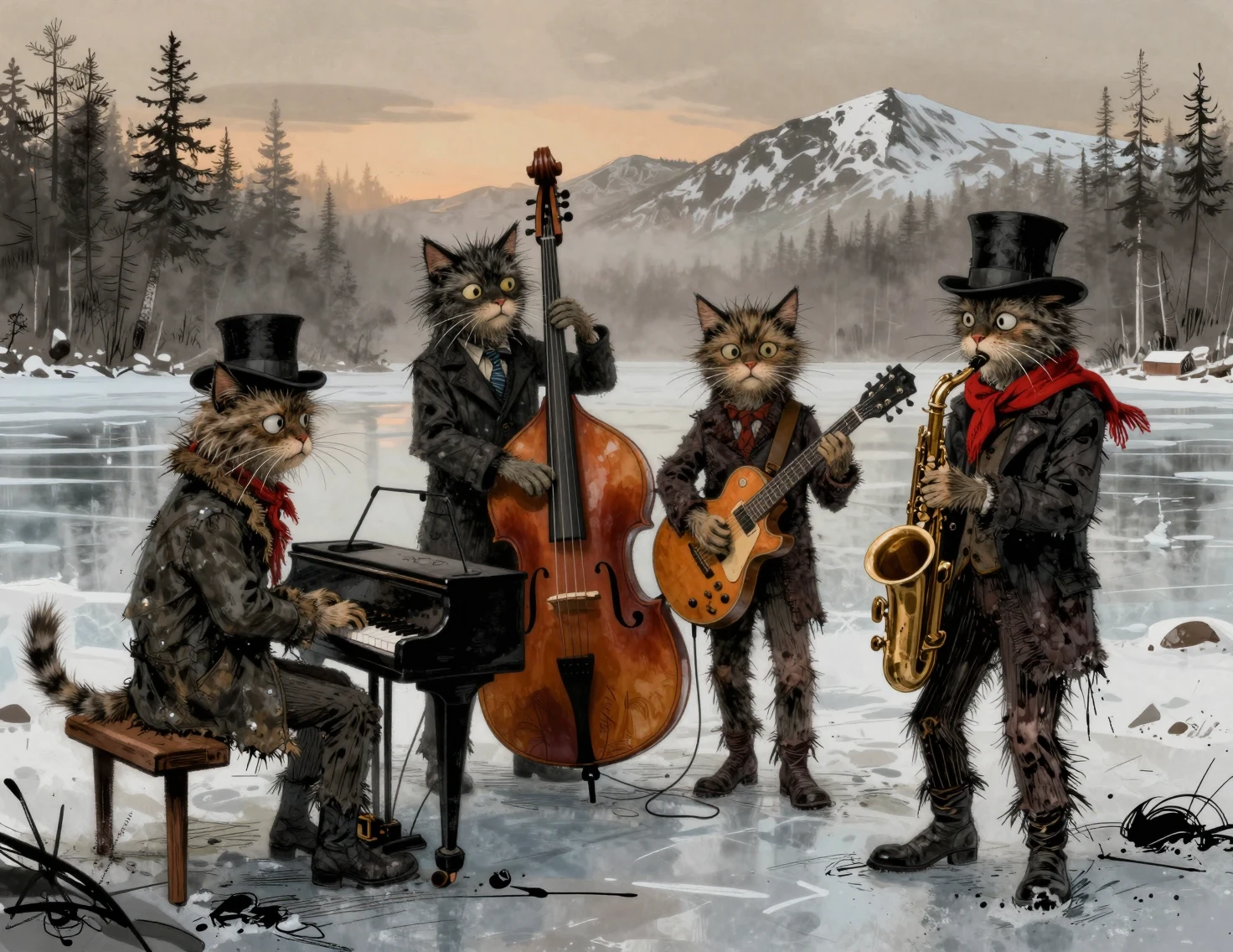 Anthropomorphic Jazz Cat Quartet Playing On A Frozen Lake