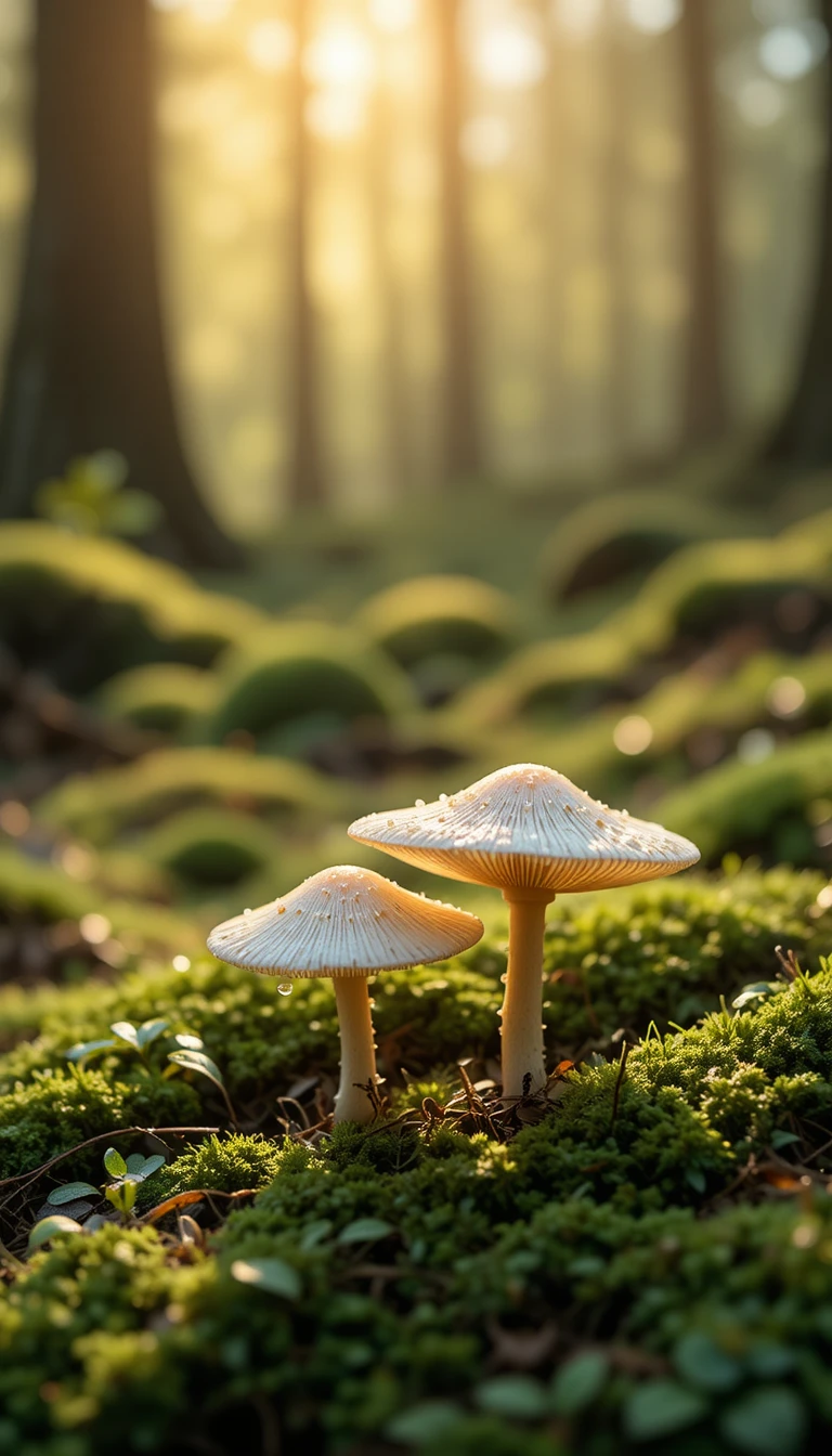 長滿青苔的森林地面上兩朵淡色蘑菇