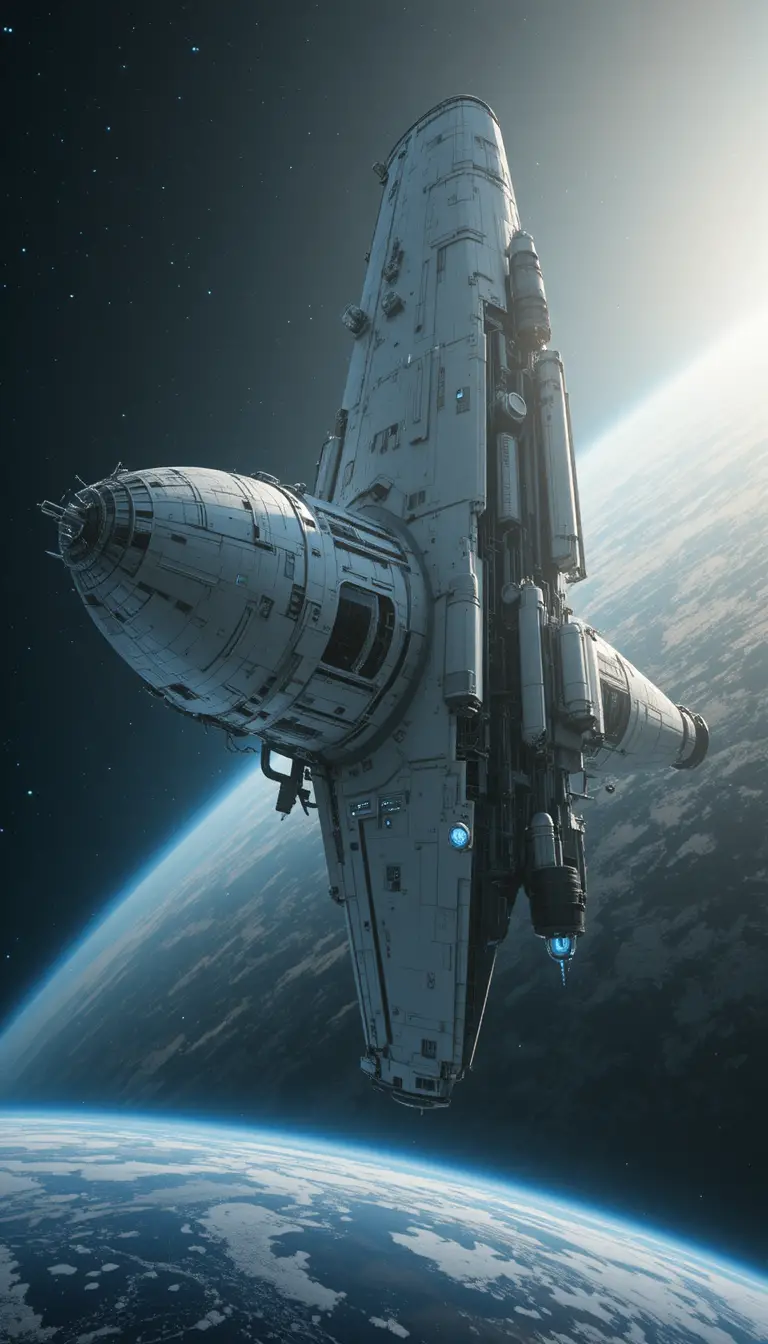 Giant white spaceship drifting in sunlit outer space