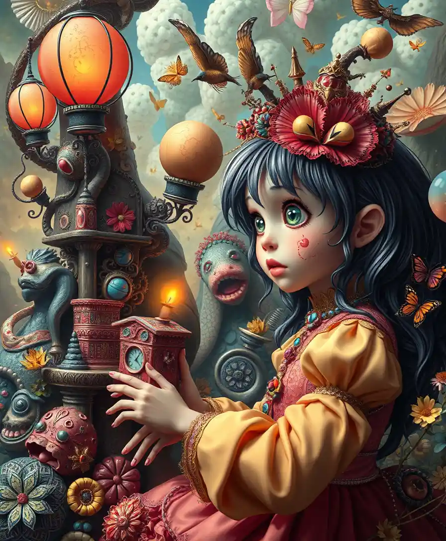 Whimsical popsurreal dreamscape blending fantasy and comedy