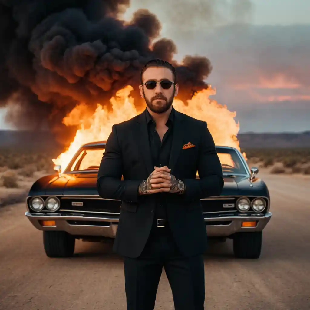 Man in black suit before burning muscle car at sunset