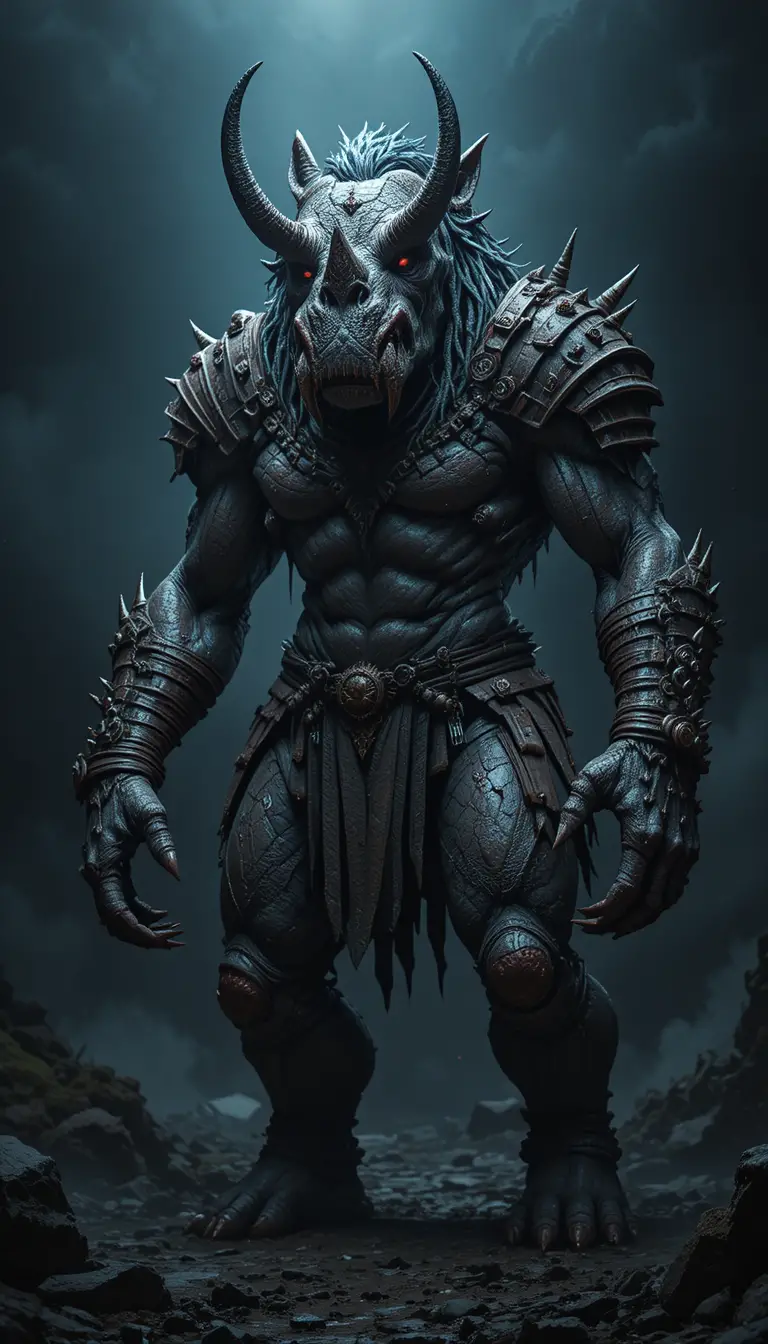 Armored horned beast with glowing red eyes in shadows