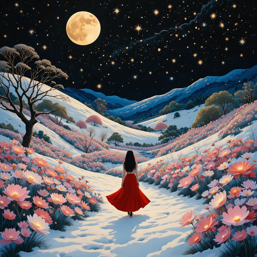 Girl In Red Dress Walking Through Snowy Chinese Garden