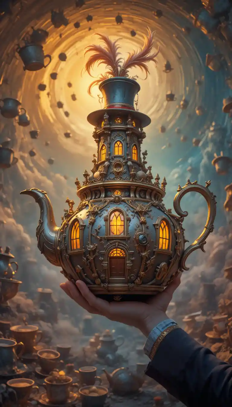 Whimsical hatter holding a glowing castle teapot