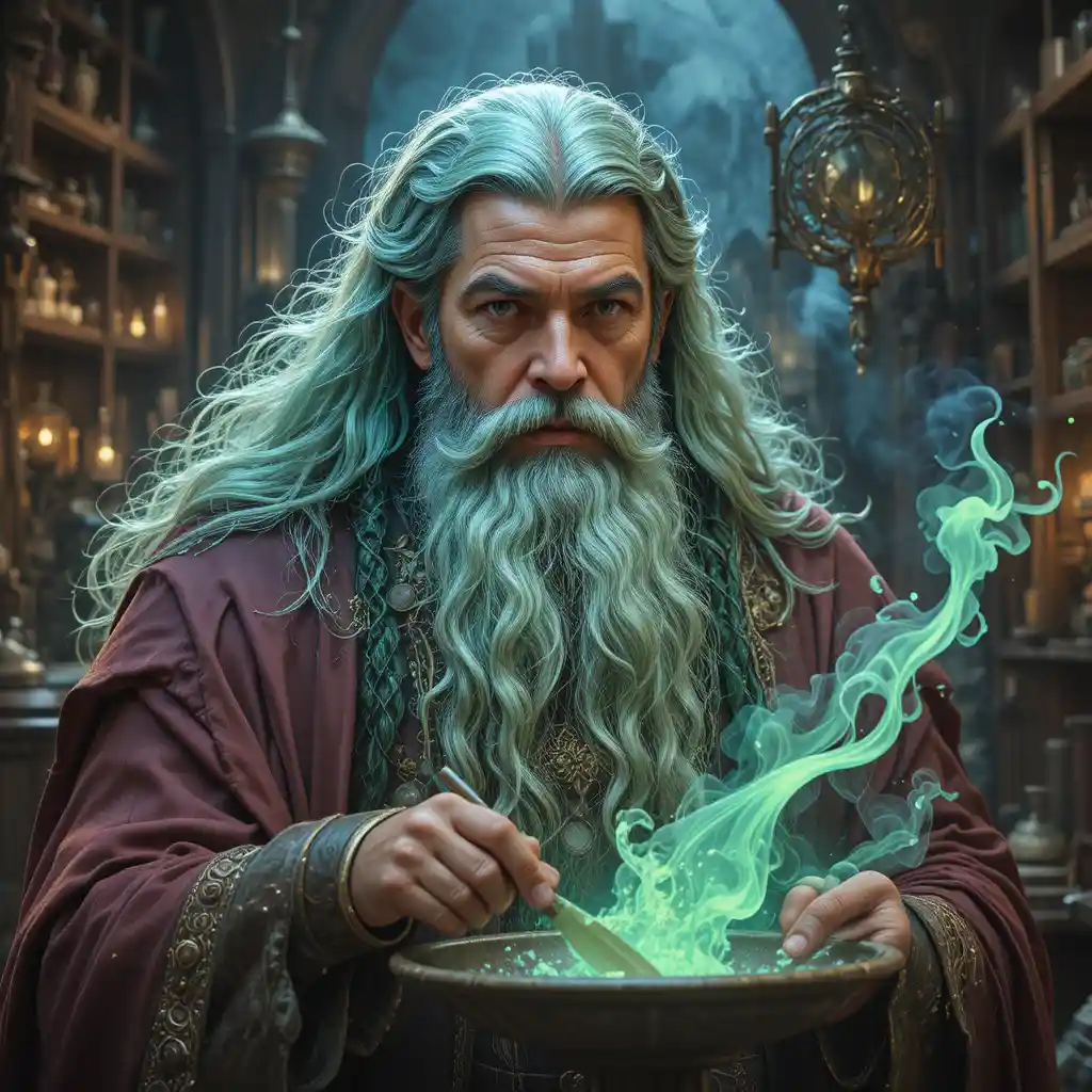 Great wizard brewing colorful potions in his laboratory