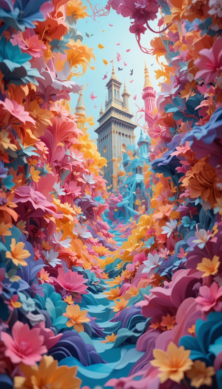 Whimsical multilayer paper collage with floating shapes