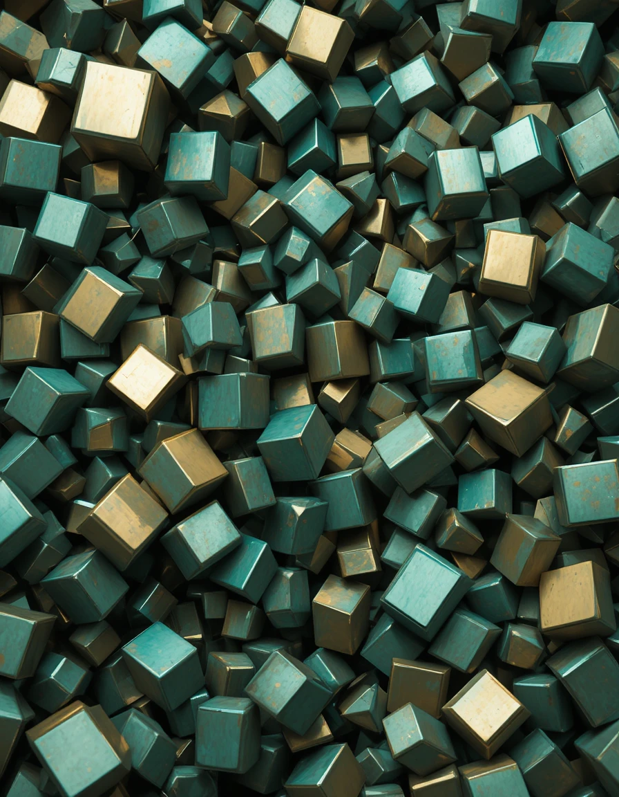 Claustrophobic tangle of metallic geometric forms in gold and green