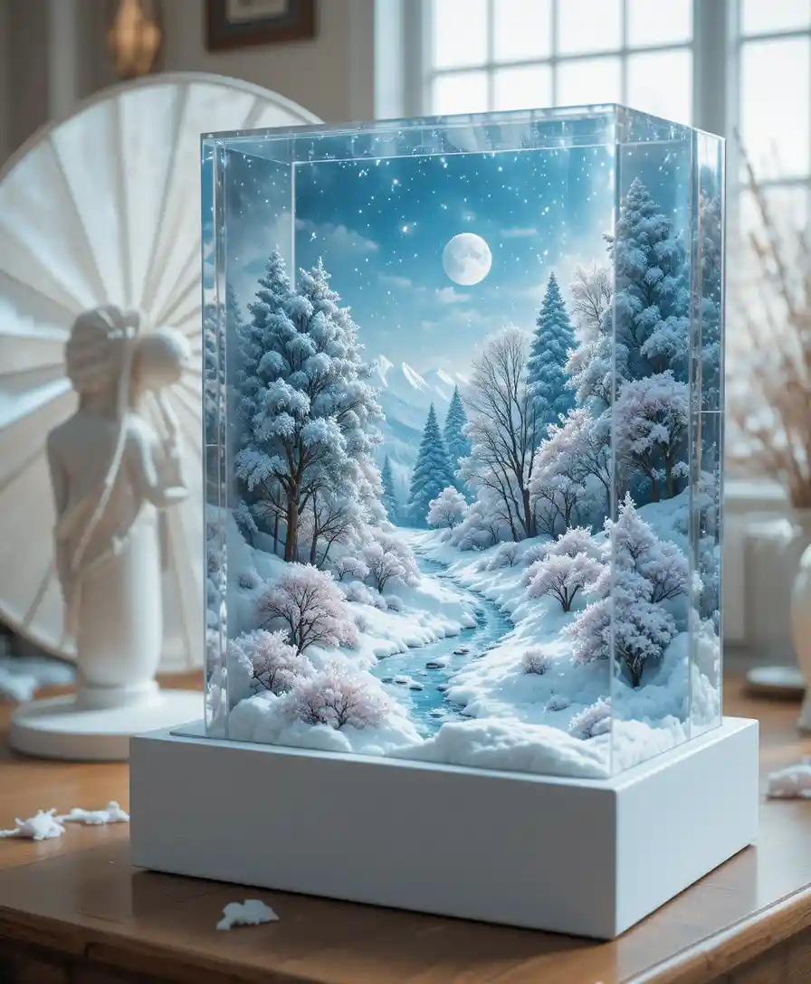 3D winter wonderland painted across a glass gift box
