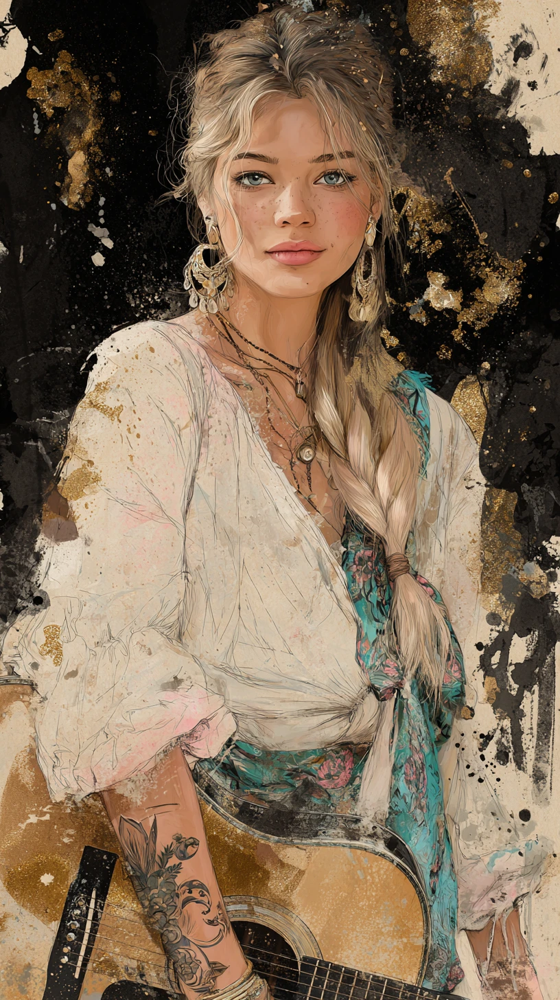 Donna boho con chitarra in un caldo ritratto di pittura digitale