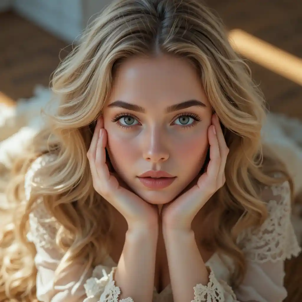 Young woman lying on wooden floor in soft natural light