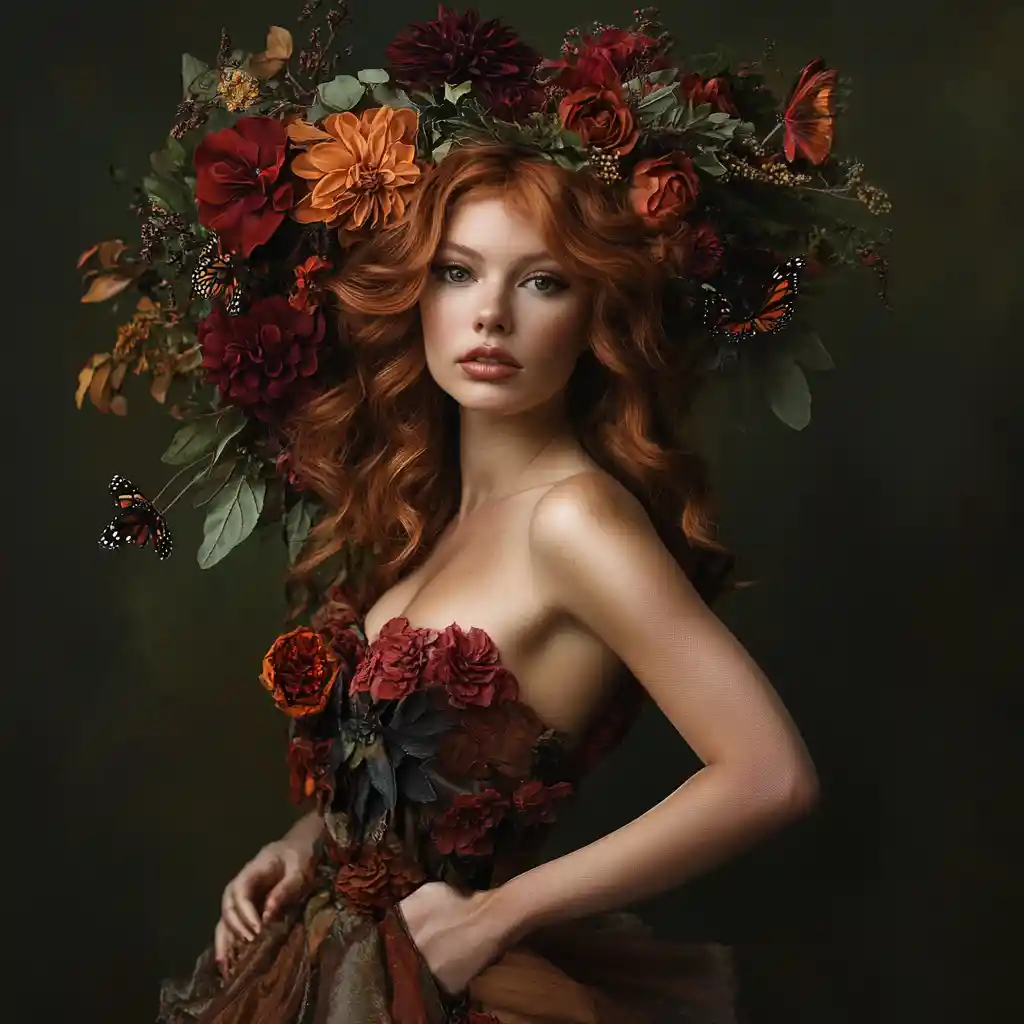 Confident woman in floral bodice with butterflies and curls