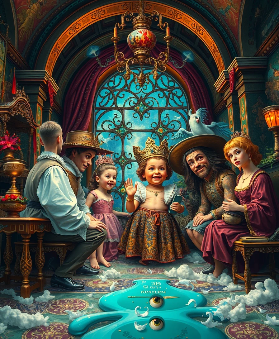 Surreal renaissance guests in a vivid dreamlike fantasy world