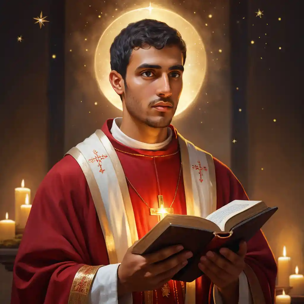 Giovane diacono santo che tiene le Scritture sotto un cielo stellato
