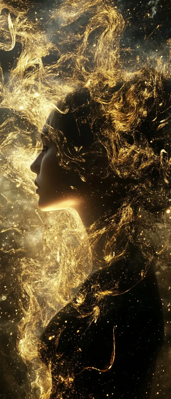 Golden emotions swirling into a cosmic female silhouette