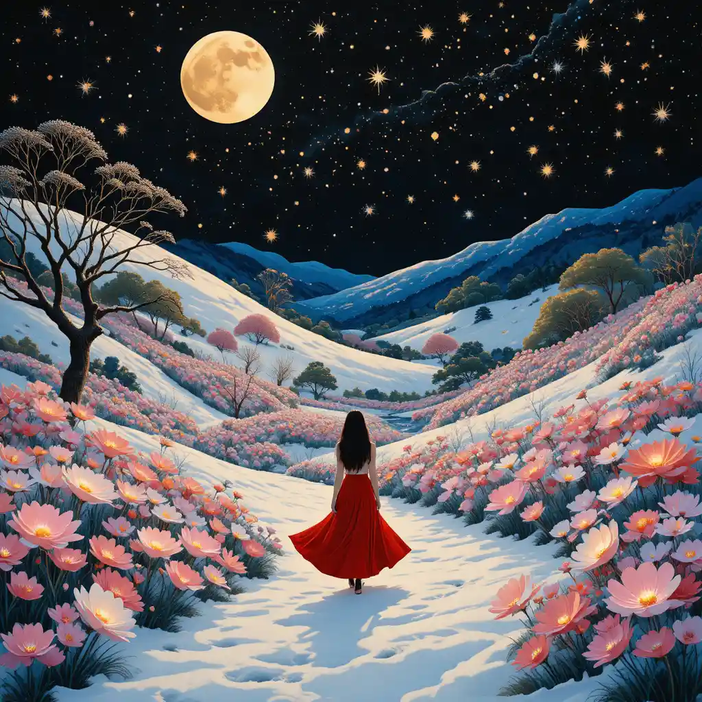 紅裙少女漫步在白雪皚皚的中式庭園