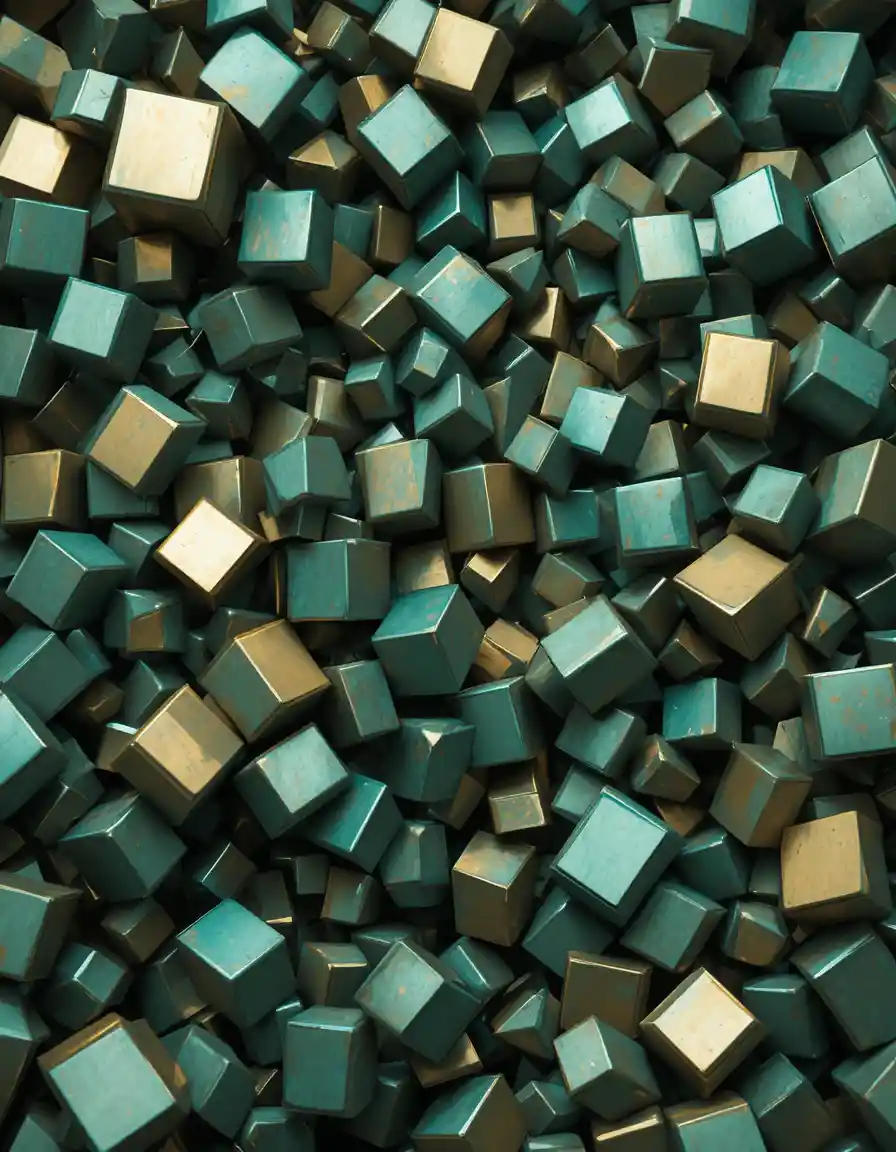 Enchevêtrement claustrophobe de formes géométriques métalliques en or et vert