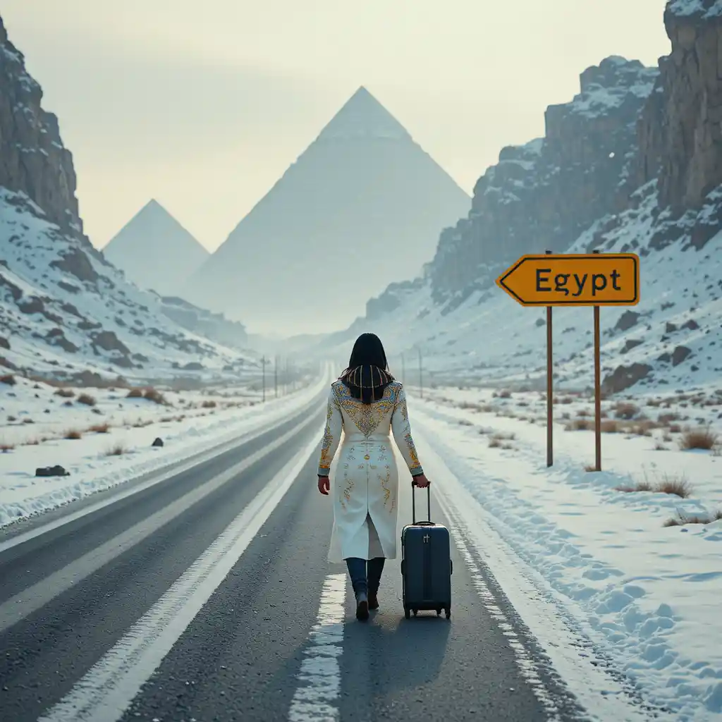 Lone Egyptian woman walking a snowy mountain road