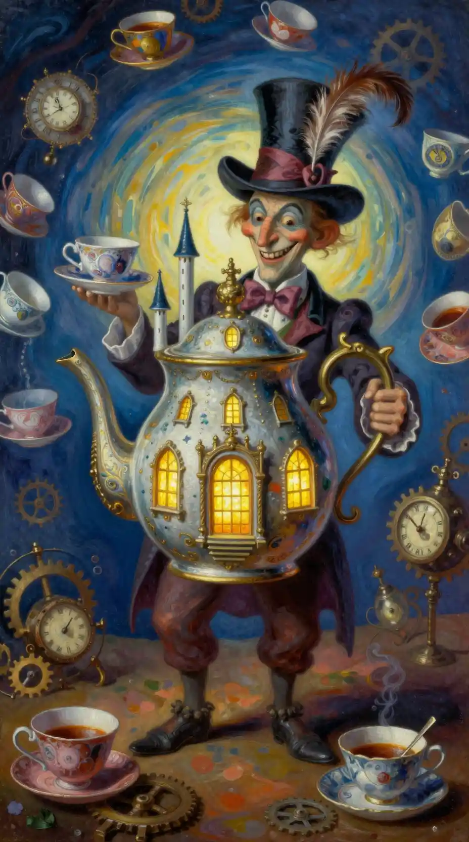 Surreal castle teapot held by a whimsical hatter