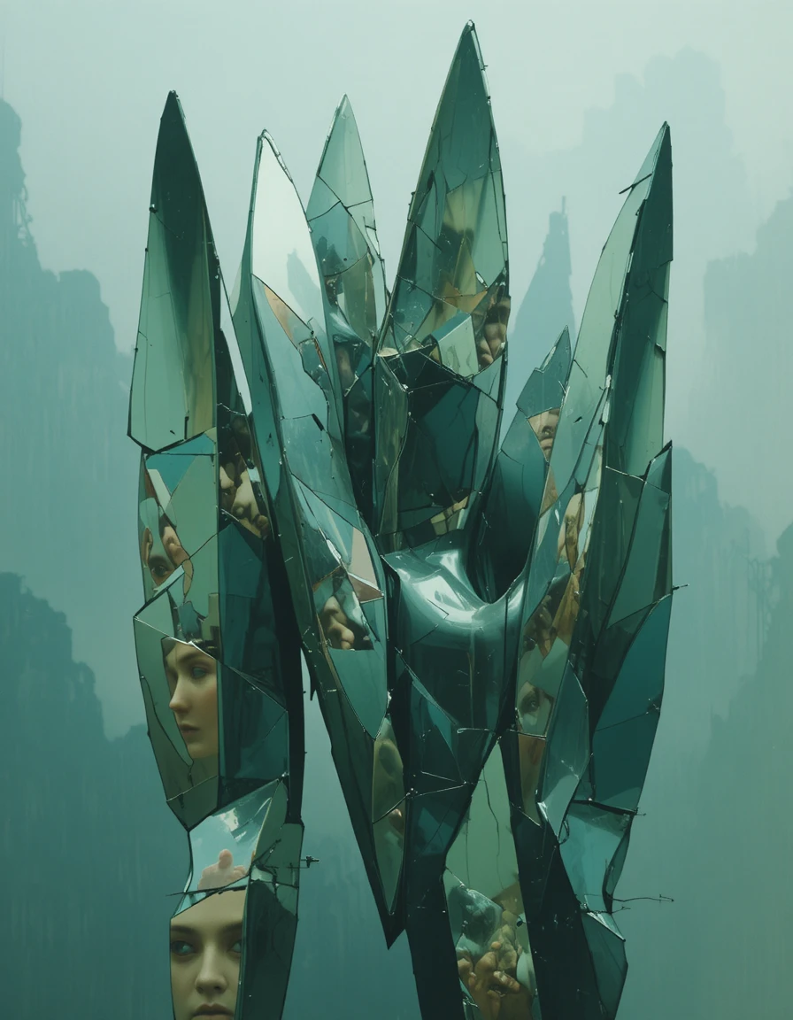 Estilhaços abstratos surreais refletindo formas fraturadas e distorcidas