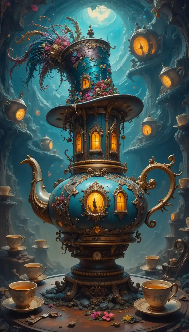 Surreal castle teapot held by a whimsical hatter