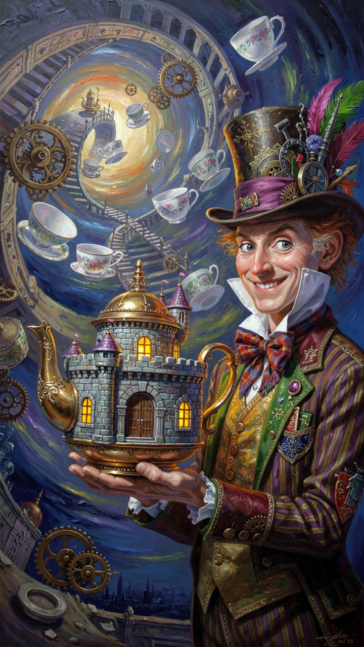 Whimsical hatter holding a glowing castle teapot