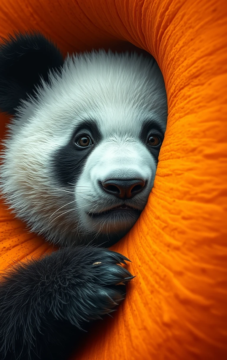 Primo piano di un panda che sbircia da un buco in un’arancia