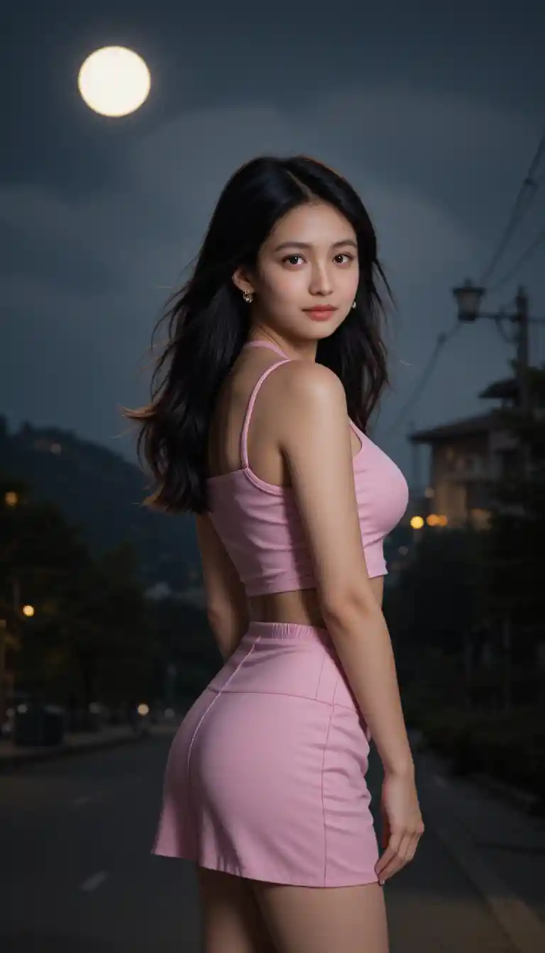 Confident girl in pink outfit under the full moon
