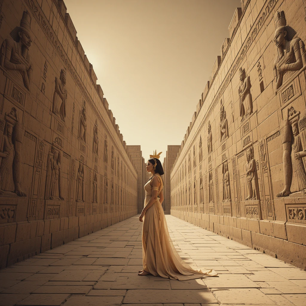 Pasillo del Antiguo Egipto con mujer regia en corredor sagrado