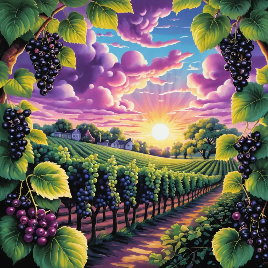 Surreal sunrise over a blackcurrant plantation dreamscape