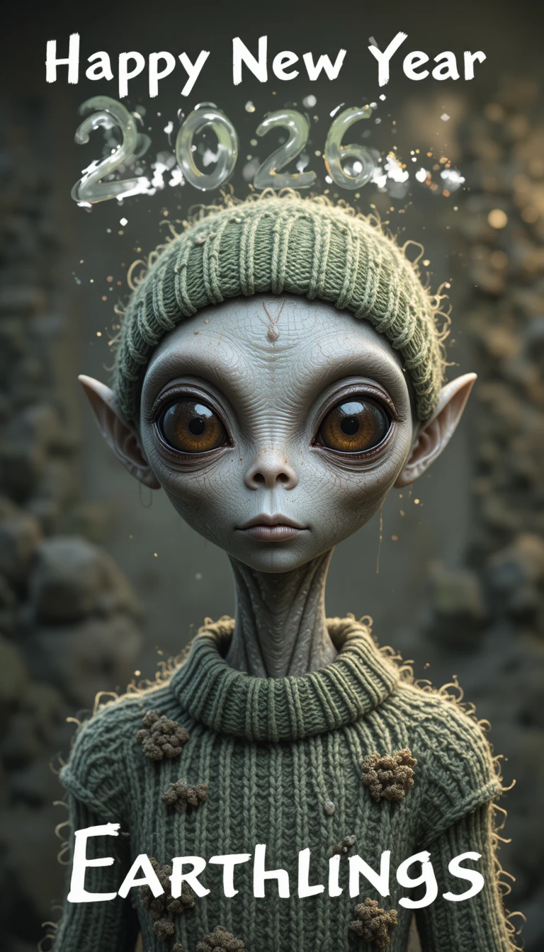 Grauer Alien mit grüner Mütze und „Happy New Year“-Schriftzug