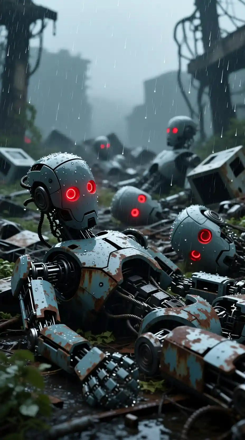 Cementerio de robots bajo una sombría tormenta de lluvia distópica