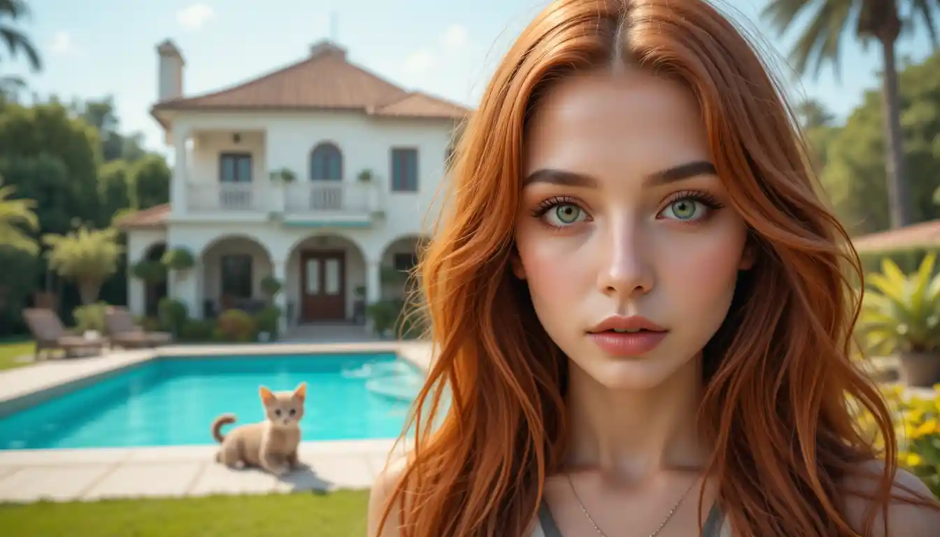 Fille aux cheveux bruns et aux yeux verts devant une maison
