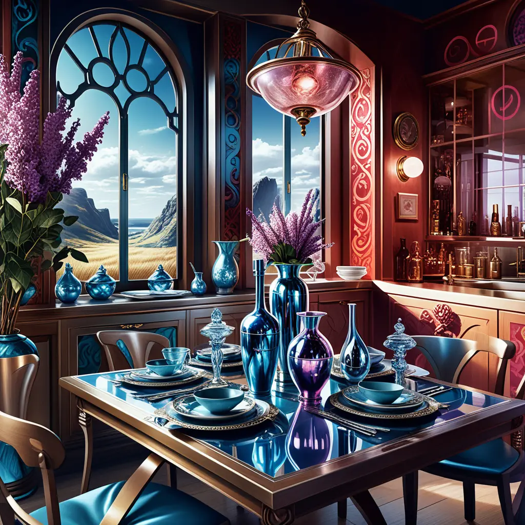 Glamouröse Küchen-Solarium-Innenansicht mit blonder Frau und Flieder