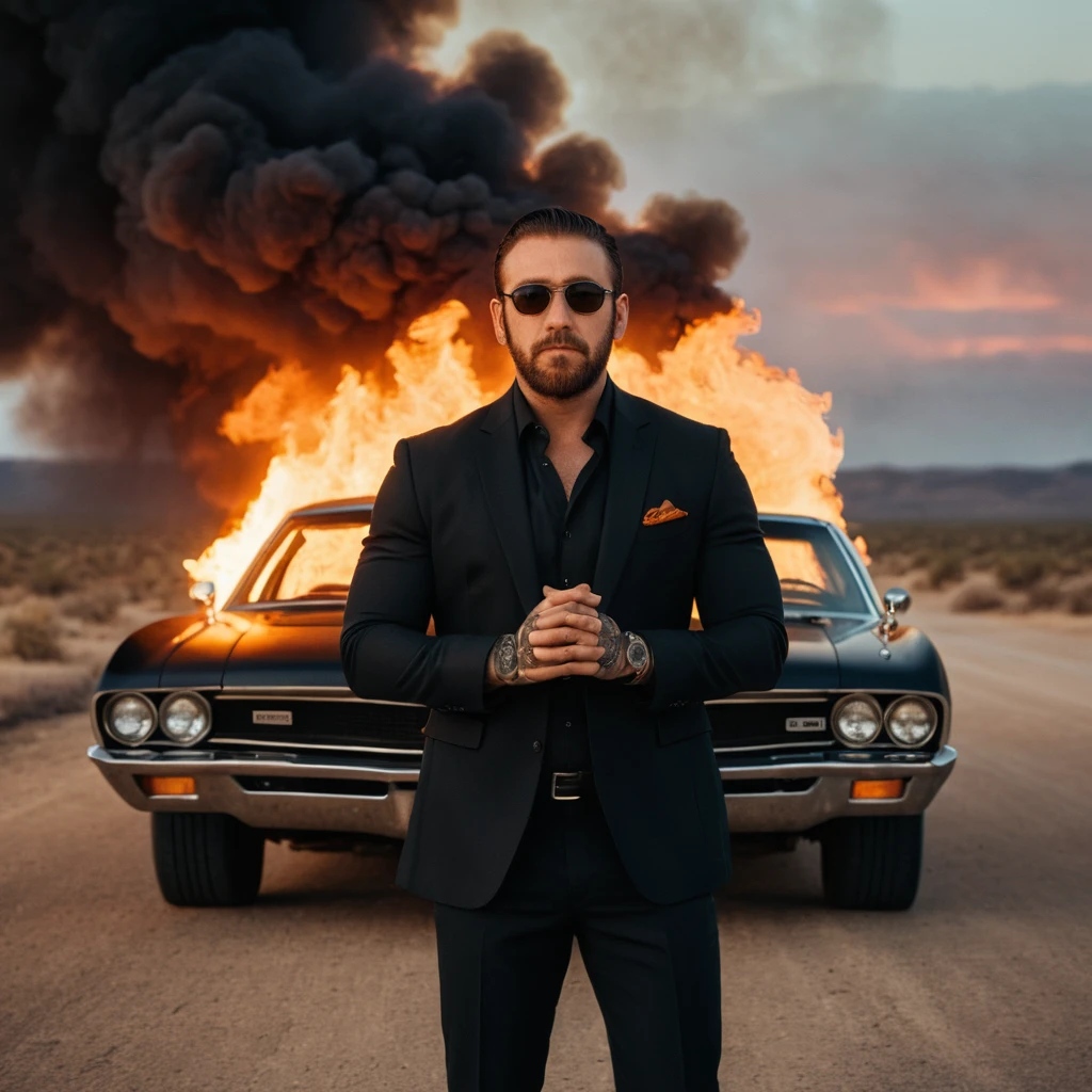 Man in black suit before burning muscle car at sunset