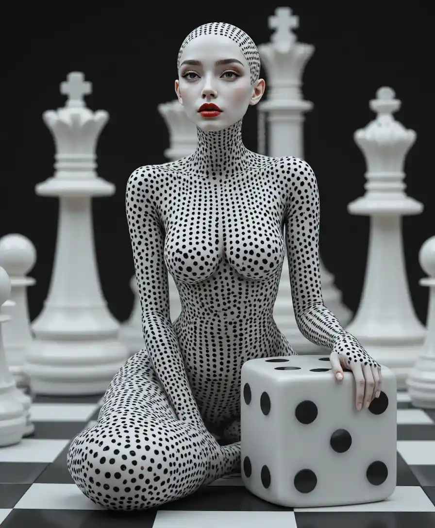 Surreal dice skinned woman seated beside a large die