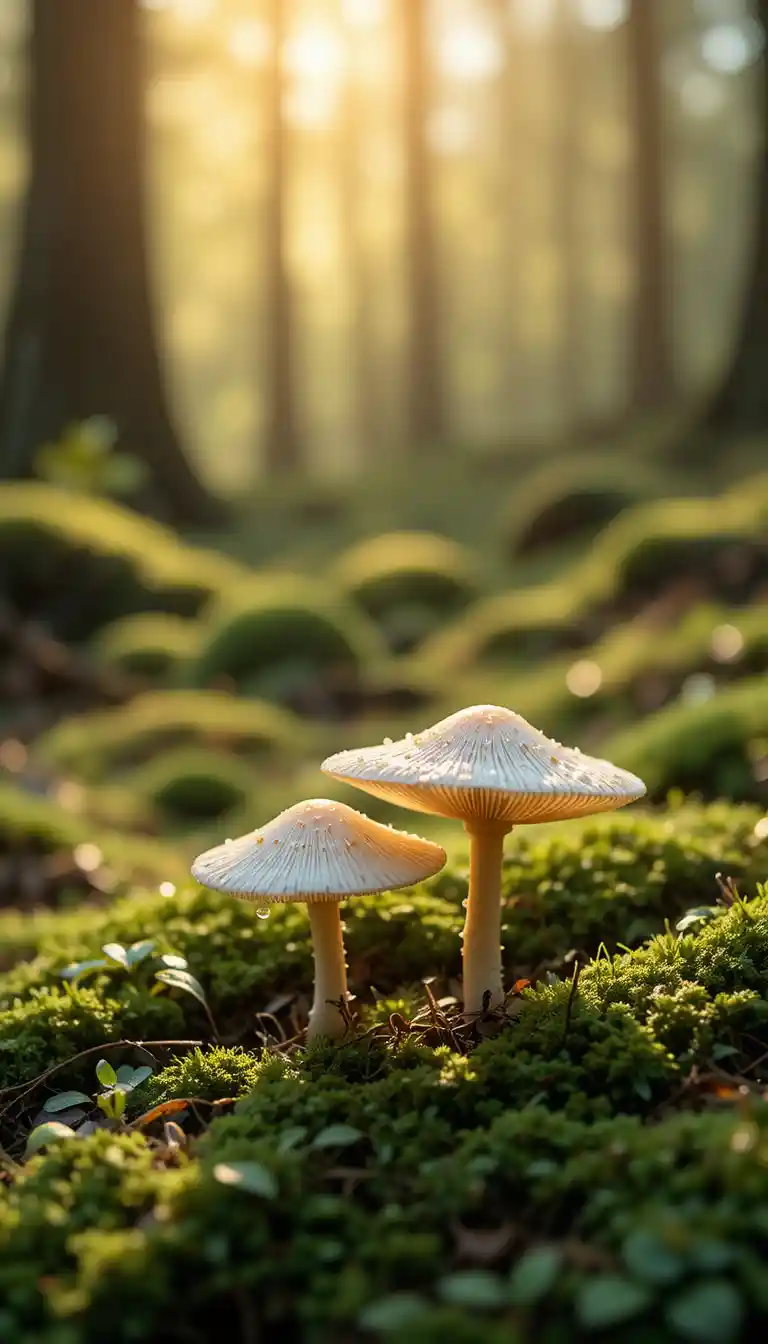 長滿青苔的森林地面上兩朵淡色蘑菇