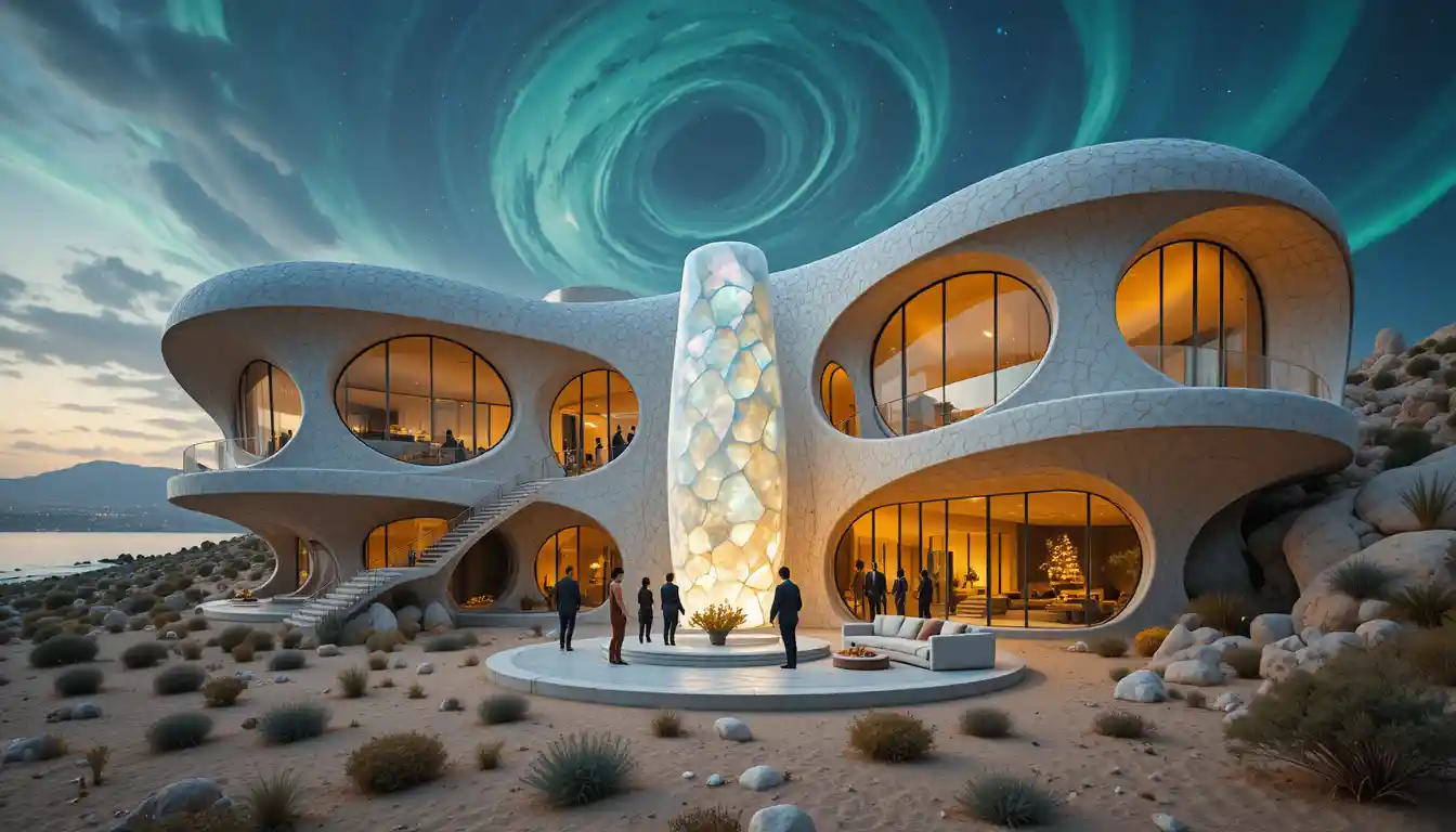 Futuristisches organisches Gebäude, das aus einer ruhigen Wüste emporragt