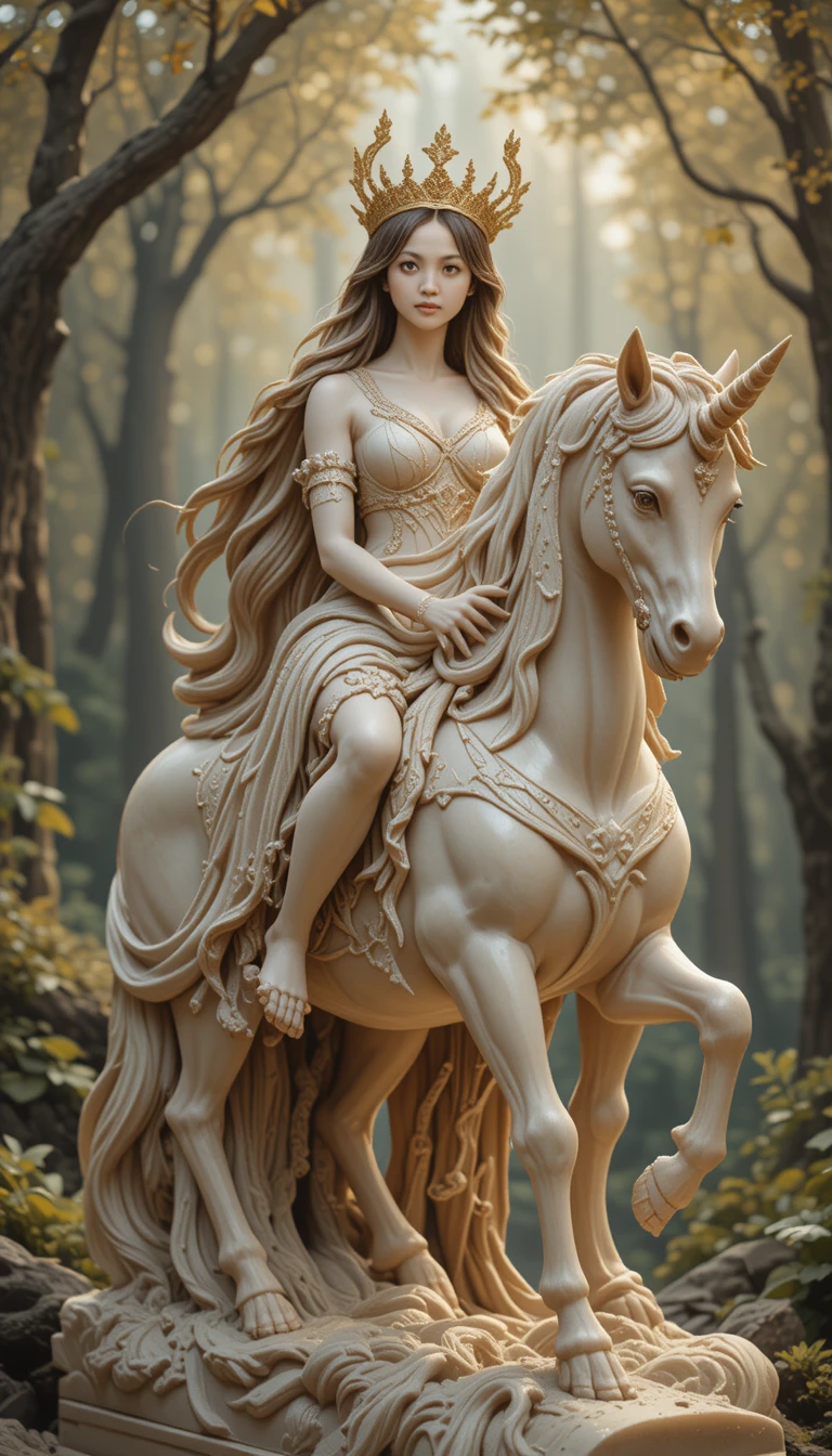 Marble woman riding a unicorn in a tranquil forest