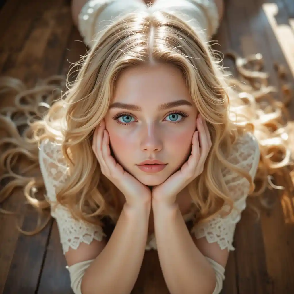 Young blonde woman lying on a sunlit wooden floor