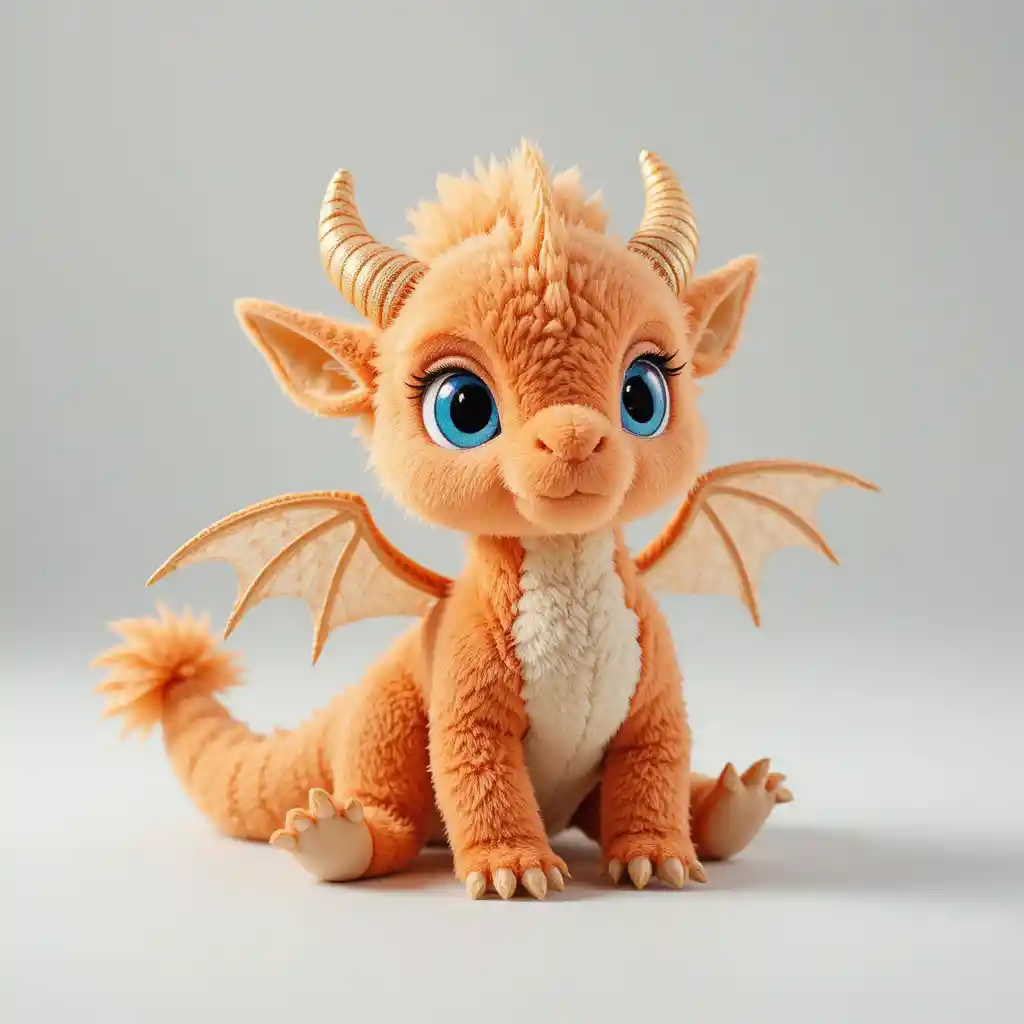 Cute fantasy dragon plush toy on white studio background