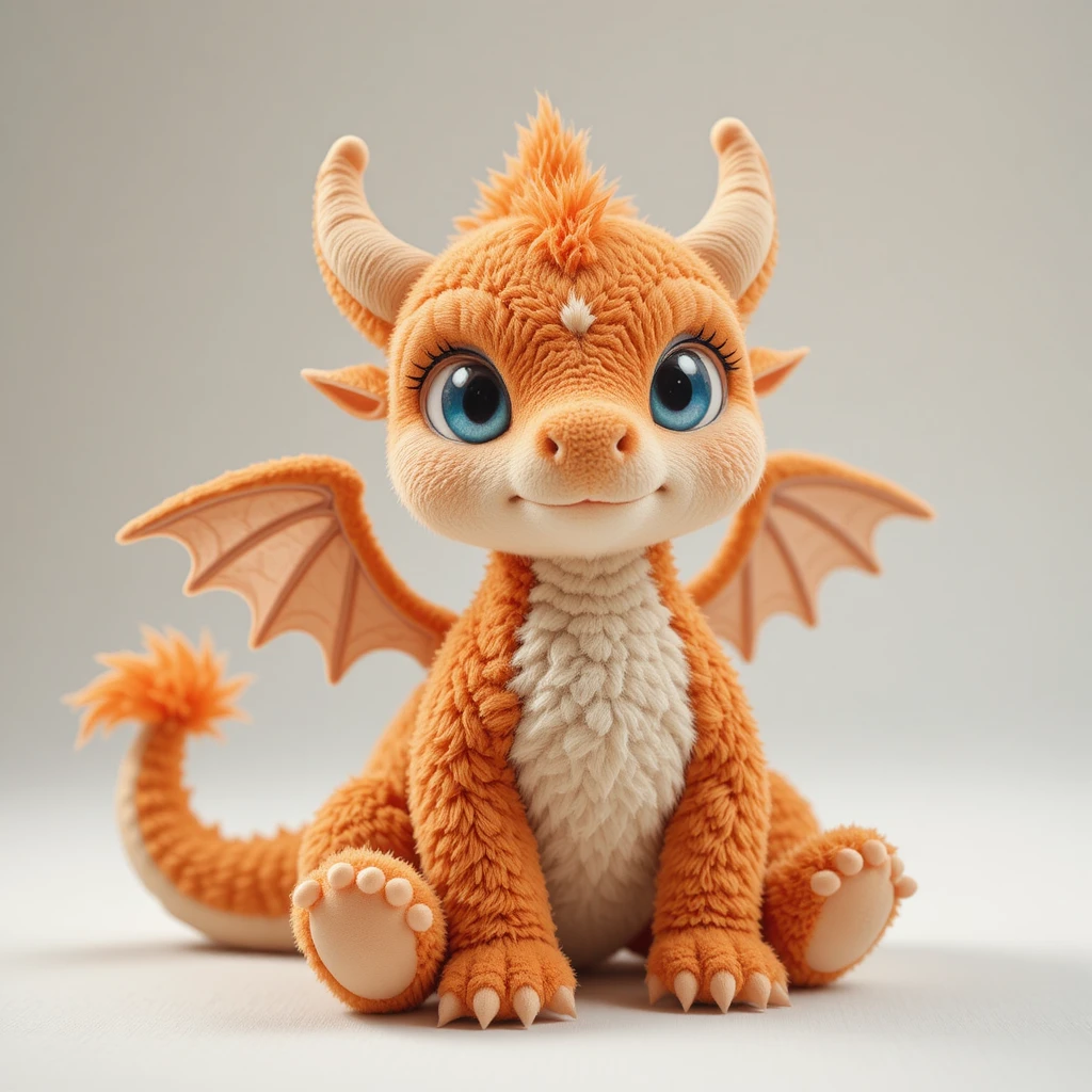 Cute fantasy dragon plush toy on white studio background