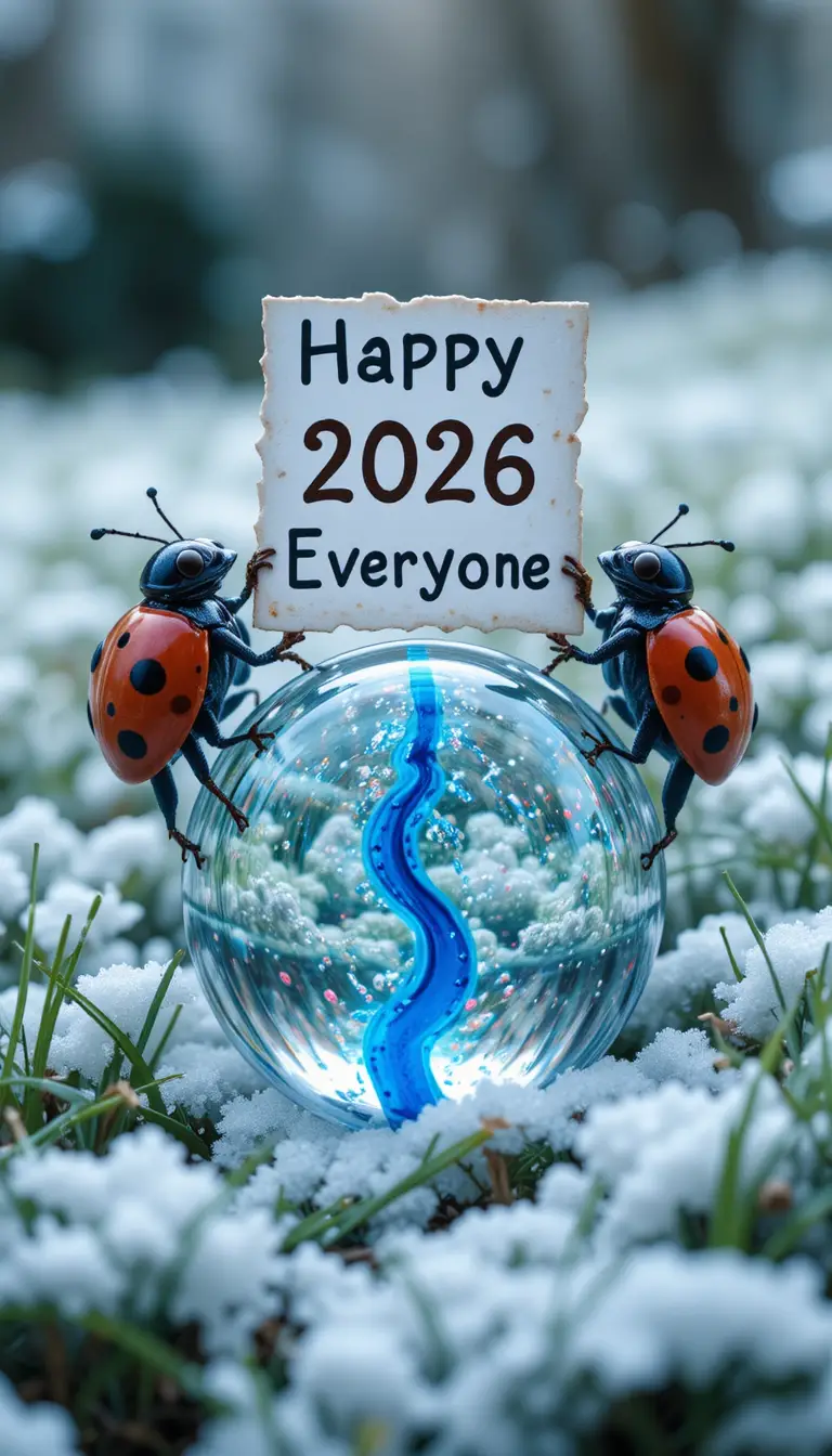 Glass marbles and ladybirds resting on snowy green grass