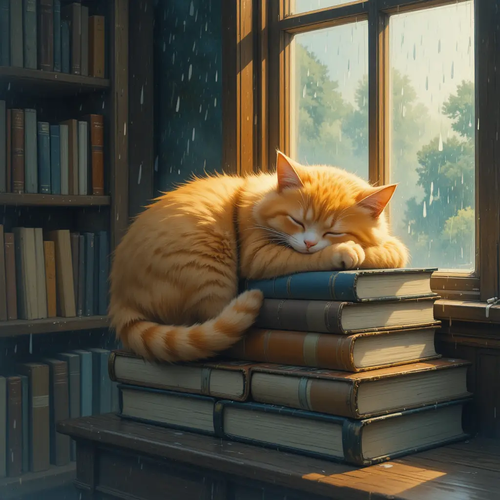 Sleeping orange cat on vintage books by rainy window