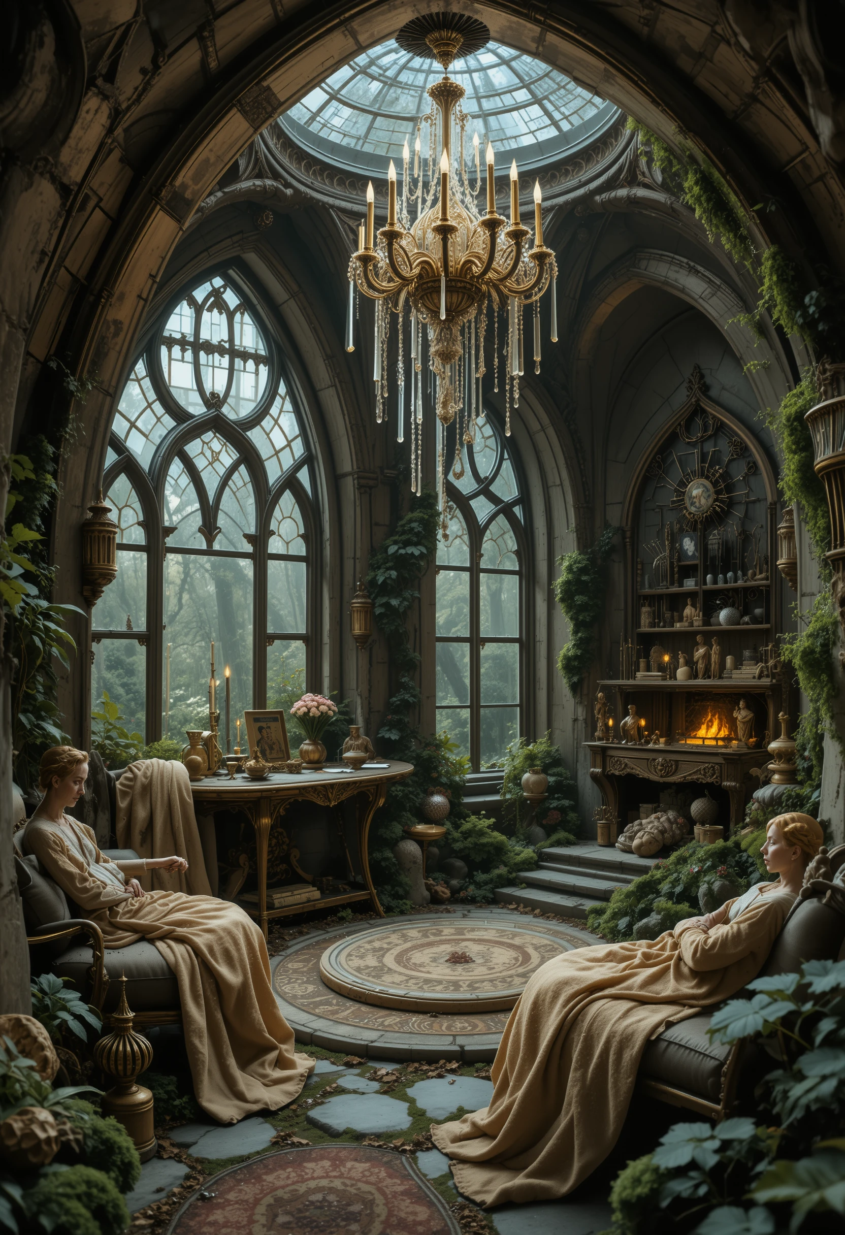Verzauberndes Pilzhaus-Interieur mit goldenen Schnecken und Kristalllicht