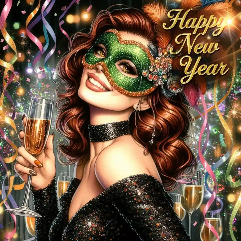 Smiling Woman In Mask At Sparkling New Years Party